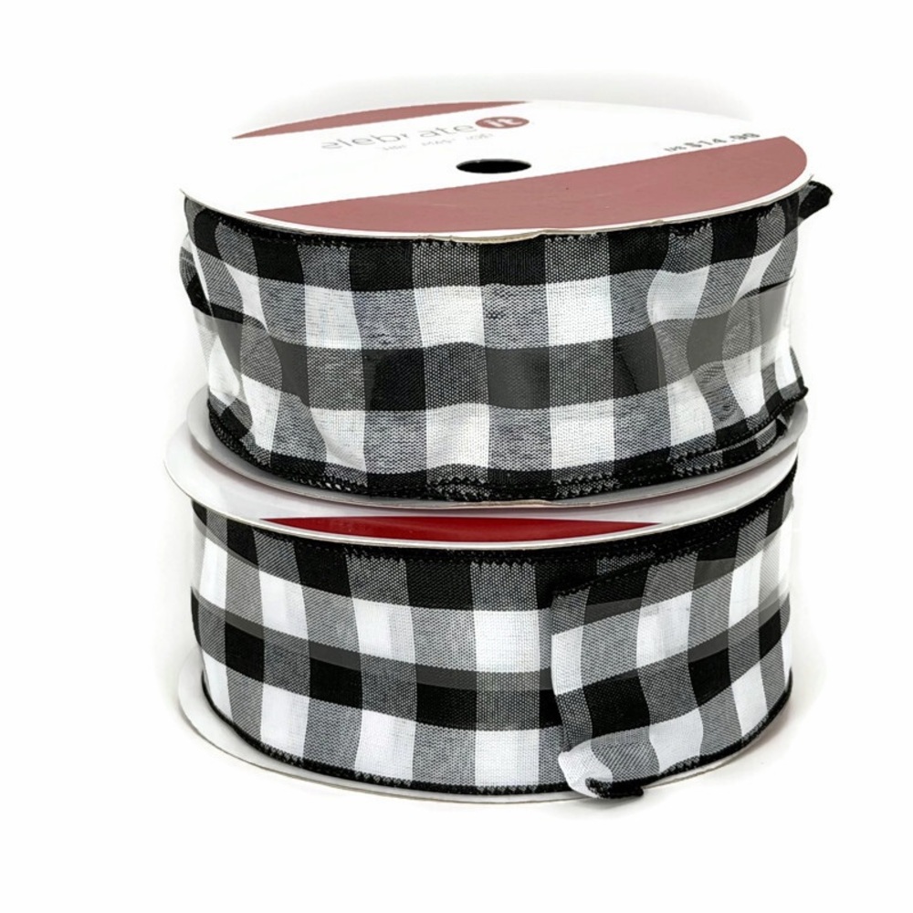 Buffalo Check Plaid Black White Wired Ribbon 2 1/2” Wide Set of 2